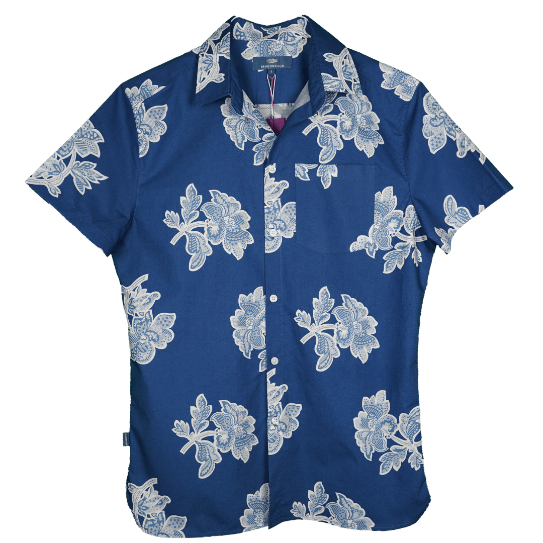 Product shot of BroadReach resort wear Helmsman short sleeved button-up shirt in Liberty Fabrics Petal Patterns print.