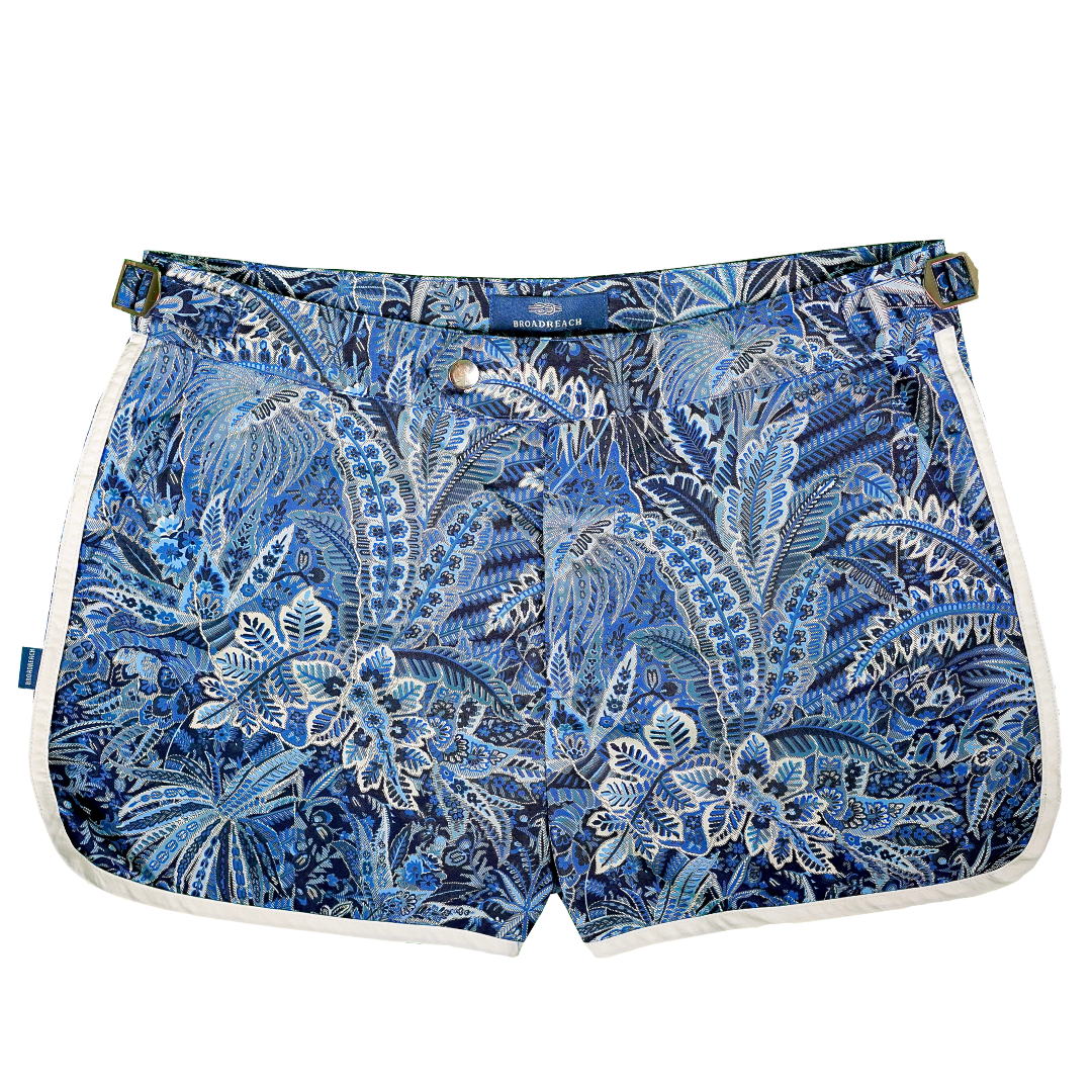 Product shot of Shoreliner swim shorts by BroadReach resort wear in Liberty Fabrics Adelphi Voyage print.
