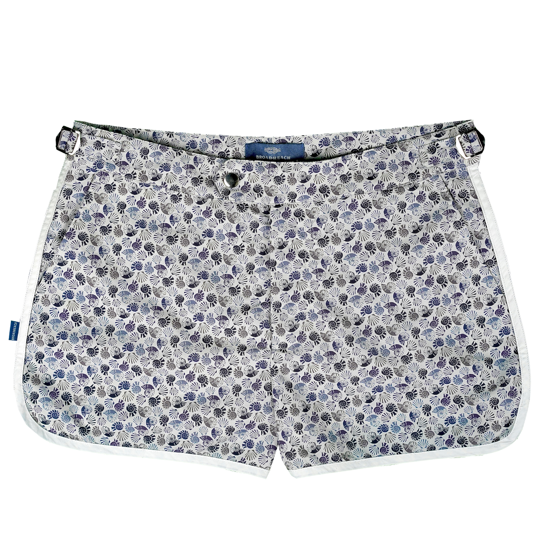 Product shot of Shoreliner swim shorts by BroadReach resort wear in Liberty Fabrics She Sells Sea Shells print.
