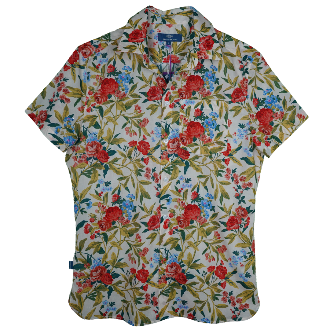 Product shot of BroadReach resort wear Helmsman short sleeved button-up shirt in Liberty Fabrics Matilda Bloom print.