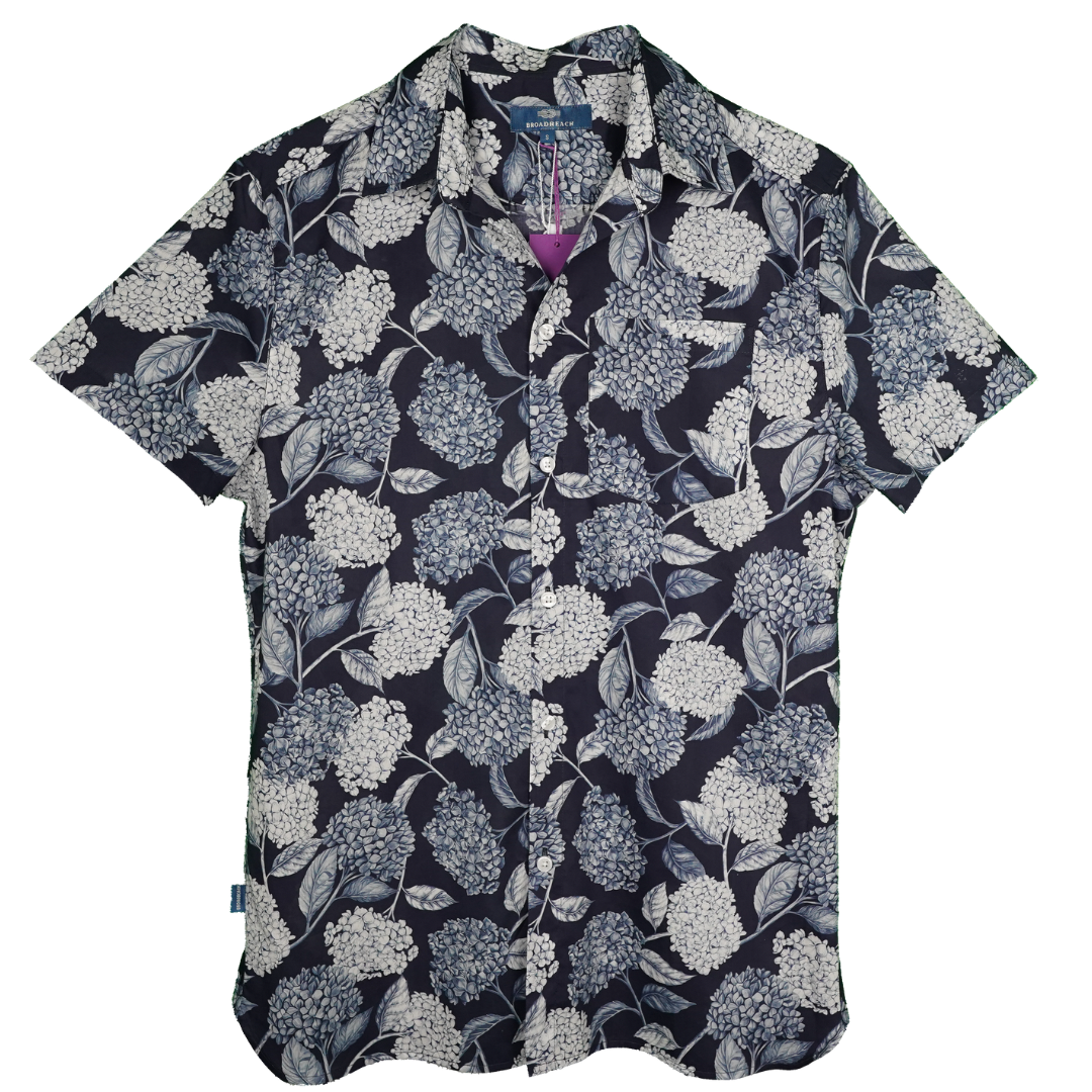 Product shot of BroadReach resort wear Helmsman short sleeved button-up shirt in Liberty Fabrics Azores print.