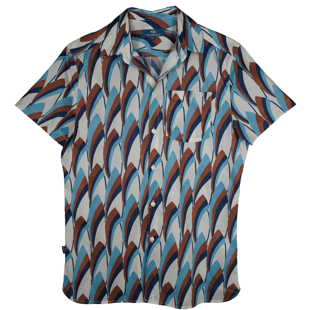 Product shot of BroadReach resort wear Helmsman short sleeved button-up shirt in Liberty Fabrics Refracted Light print.
