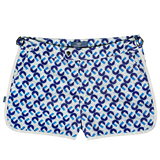 Product shot of Shoreliner swim shorts by BroadReach resort wear in Liberty Fabrics Dancing print.