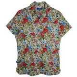 Product shot of BroadReach resort wear Helmsman short sleeved button-up shirt in Liberty Fabrics Matilda Bloom print.