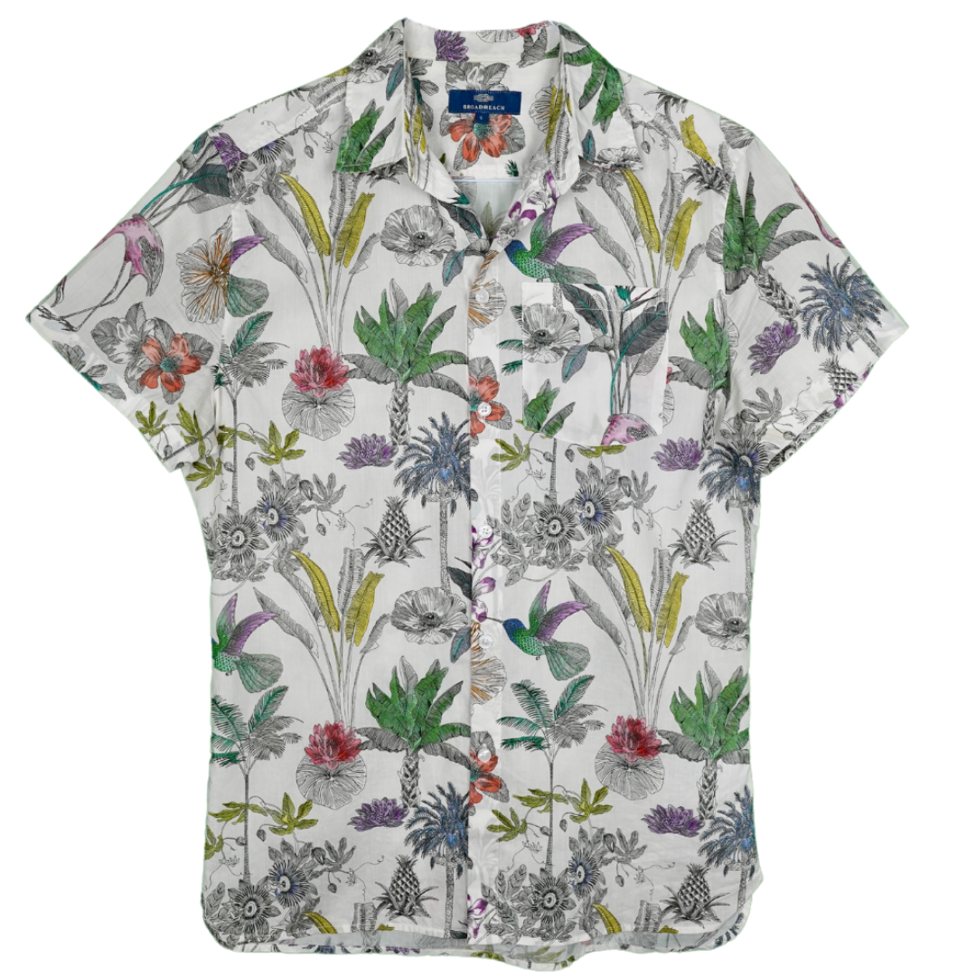 Product shot of BroadReach resort wear Helmsman short sleeved button-up shirt in Liberty Fabrics Darwin’s Journey print.