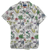 Product shot of BroadReach resort wear Helmsman short sleeved button-up shirt in Liberty Fabrics Darwin’s Journey print.